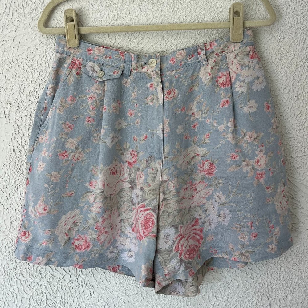 Lauren Ralph Lauren Vintage Linen Shorts High Rise Floral Pattern Blue Size 10P
